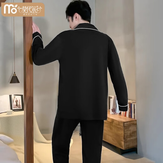 Pajamas modales de pijama para hombres Spring de algodón puro de manga larga y otoño Four Seasons 2025 Nuevo color sólido Boys Summer Cotton Home Clothing Juego G693 L Peso 100-130Jin [Jin equivale a 0.5 kg])