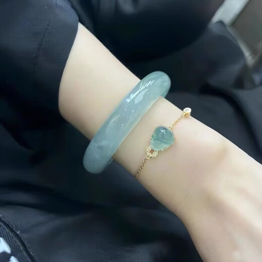 Laokeng Jade Bracelet Burmese Oil Green Floating Flower Jade Bracelet Female Imperial Concubine Bracelet Ice Type Light Green Jade Bracelet Women's No. 58