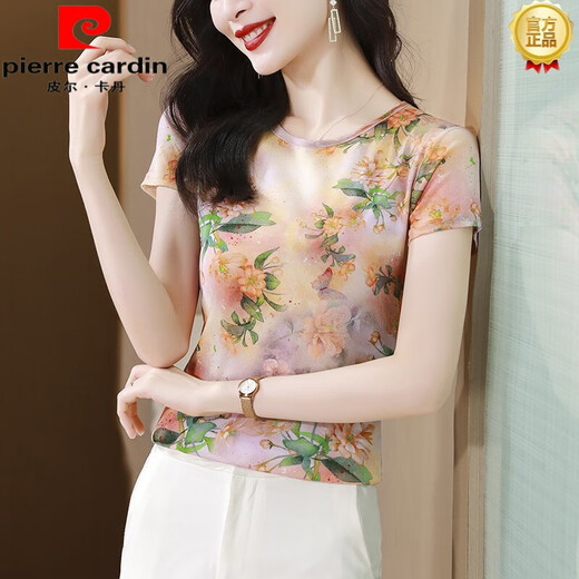 Pierre Cardin Silk Top pour femmes à manches courtes 2025 Été Nouveau T-shirt T-shirt Silk Mulberry Silk Silk Silk 6172 Nouveau de gamme 6172 3xl 135-145