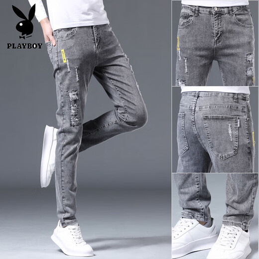Playboy (Playboy) Jeans Men's Slim Feet Feet Spring and Autumn Men's Men's Pants rasgados de moda Elástica Slimming 2025 Summer Men's Long pantalones 6636 gris + 7214 Negro 29