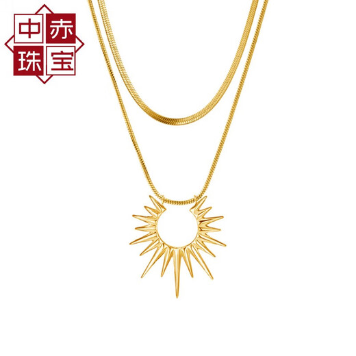 Medium Red Sun Pendant Titanium Steel Double Layer Necklace Women's Light Luxury Niche Sports Accessory 18k Gold Stacked Clavicle Chain Golden Sun Double Layer Snake Bone Chain