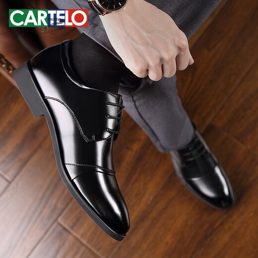 CARTELO Leather Shoes Men's Real Leather Spring New British Business Casual Variety Youth Official Men's Shoes Korean Style Trendy Wedding Shoes 9905 Black 38