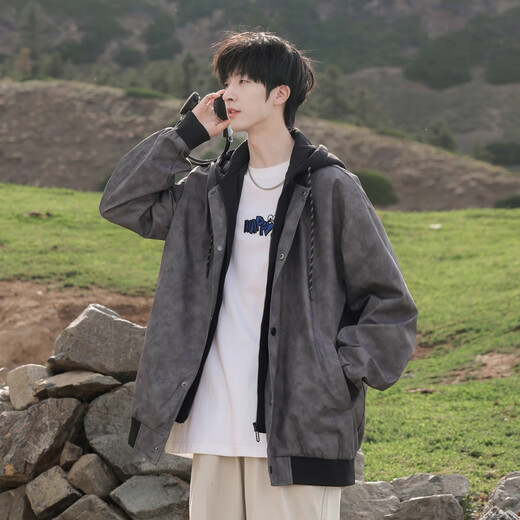 POUM fake two-piece hooded jacket men's autumn and winter trendy handsome casual jacket BL0660 black XL