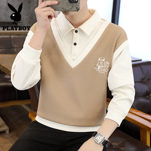 Playboy (PLAYBOY) shirt collar sweatshirt men spring and autumn two-piece spliced casual long-sleeved T-shirt teenager student base shirt men 679 khaki XL about 135-150 Jin [Jin equals 0.5 kg]
