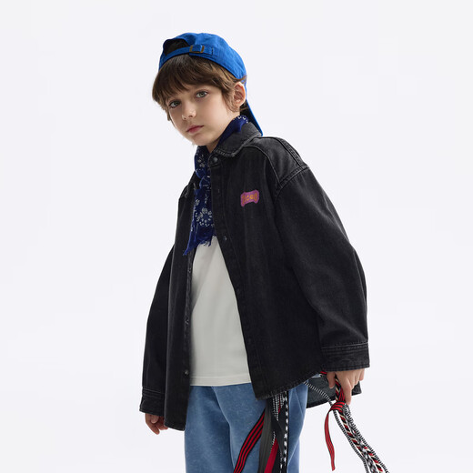 MQD MQD children's clothing children's shirt spring new lapel long-sleeved washed denim shirt fashion printed top carbon black 140
