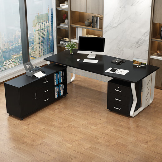 Fu Mei desk boss desk modern simple steel wood executive desk leader desk president manager desk computer desk and chair combination light walnut desktop + white shelf 120*60 single table thickened 25mm desktop