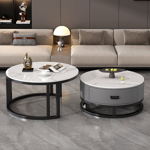 Bolatine all solid wood coffee table living room home slate light luxury tea table small apartment retractable round combination tea table high-end all solid wood black frame gray cabinet 70+50 snow mountain white