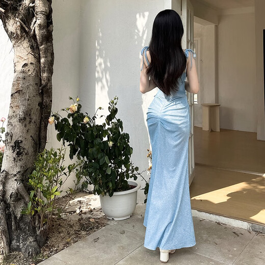 Now Pauline European and American blue dress women's sparkling long skirt annual party dinner birthday dress blue M
