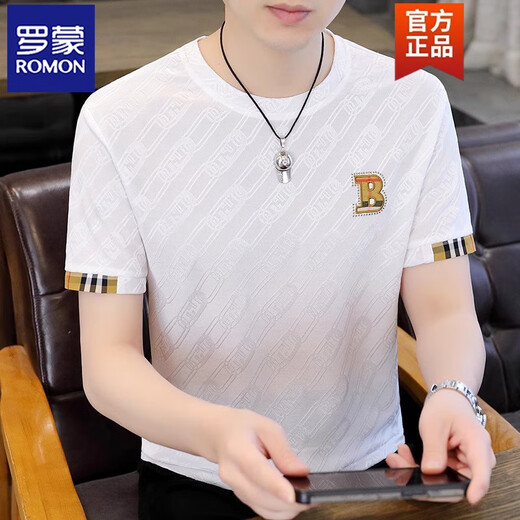 Romon Summer Herren Kurzarm T-Shirt Ice Seide Dünne Trendy Casual Cool T-Shirt 2025 Neue Mode Herren Top T869 White 3XL (ca. 150170jin [Jin ist gleich 0,5 kg] kann getragen werden)