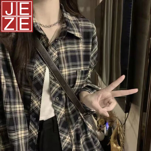 JEZE【棉质材质】韩版藏青色格子衬衫设计感长袖上衣女开衫春薄款宽松 宝蓝色16799-高品质格纹【z】 M