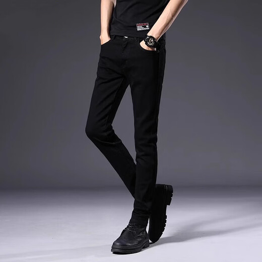 ROMON high-end pure black jeans for men in summer thin slim fit and slim 9-point pants trendy casual pants for men 902 black regular size 31 waist circumference 2 feet 4 suitable for around 120-130 Jin [Jin equals 0.5 kg]