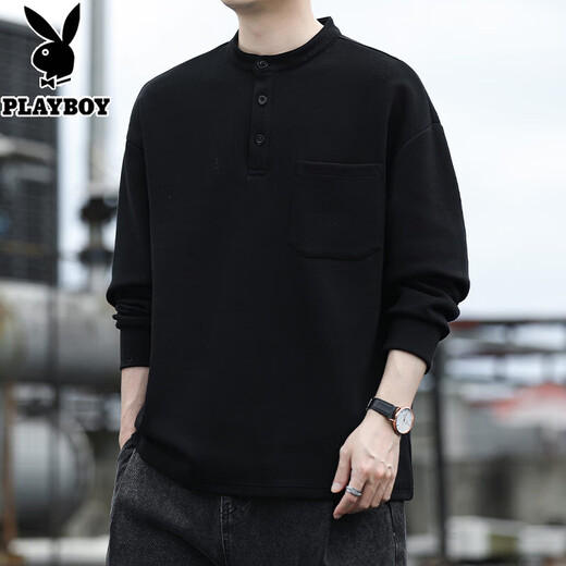 Playboy long-sleeved T-shirt men's sweatshirt spring and autumn American retro Henry collar loose trendy bottoming shirt top 24415 gray 3XL