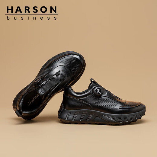 Hazen first-layer cowhide men's shoes 2025 autumn business casual leather shoes men's rotating button genuine leather sports leather shoes black plus velvet winter warmth 41 (255mm)