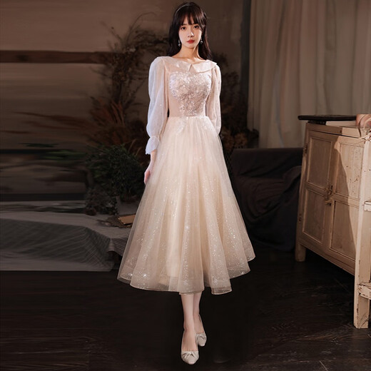 Zhufan music student art examination dress piano performance fairy evening girl vocal banquet adult ceremony dignified and elegant middle school student champagne color long sleeves mid-length zipper style S