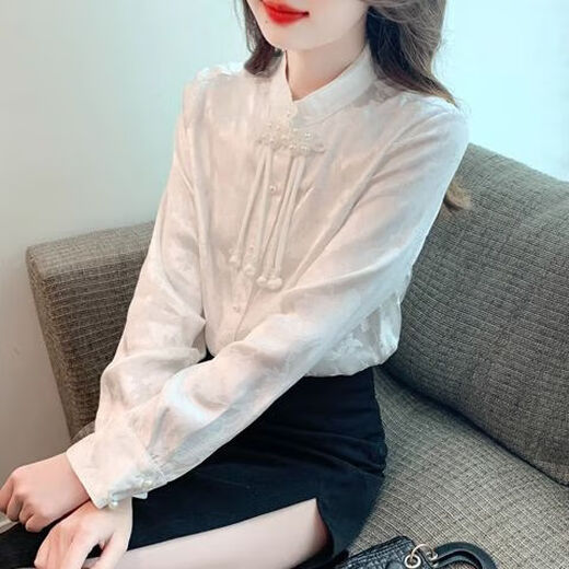 Top mit Pferdegesichtsrock Neues chinesisches Stil Chinese Style Busting Hemd für Frauen Herbst und Winter 2023 Temperament plus Samt plus weißer regulärer Stil 9902 L 2xl