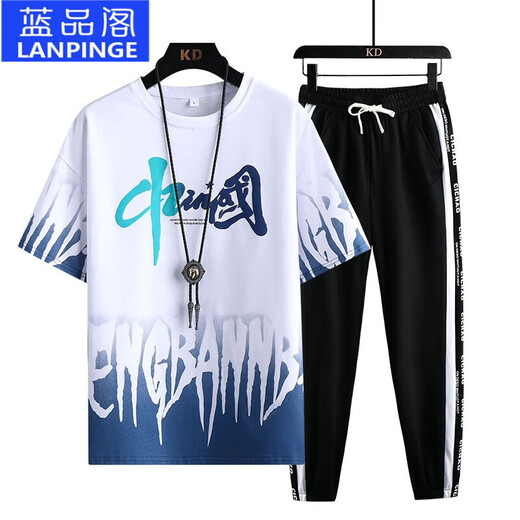
Lanpinge summer short-sleeved T-shirt suit for men 12-19 years old boys and teenagers fashion trend handsome junior high school and high school student suit blue suit (T-shirt + trousers) 683 M (recommended weight 70-95 Jin [Jin equals 0.5 kg])