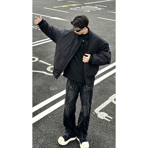 Star Reaching Boys Three-piece Flight Jacket Cotton Jacket Men's Winter Thickened American Cotton Jacket Work Wear Short Suit Baseball Uniform Black Cotton Jacket + Pure Black Long T + Black Jeans XL