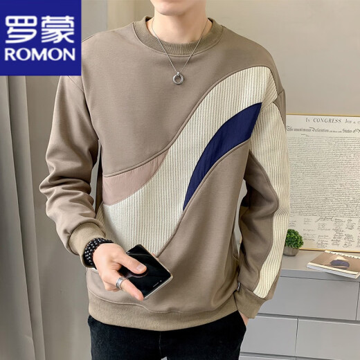 罗蒙（ROMON）长袖t恤男春秋冬季新款卫衣加绒保暖休闲宽松百搭套头圆领打底衫 7371白色 L 【111-125斤】