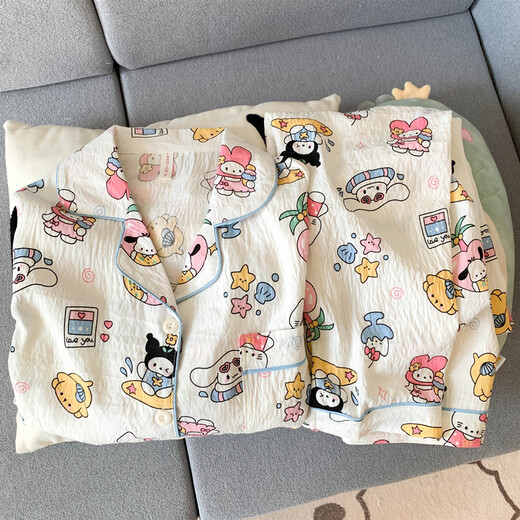 Cat Men Pyjamas pour les femmes au printemps et à l'automne Xinjiang Cotton Gauze Pantalons à manches longues 2025 Nouveaux vêtements de maison cardigan été 826 # Small Cherry # Long à manches + pantalon recommandé 100-120jin [Jin est égal à 0,5 kg] l