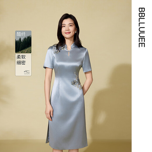 粉蓝衣橱【国风韵味】2025夏装喜婆婆醋酸旗袍礼服连衣裙552L683 淡水蓝 L