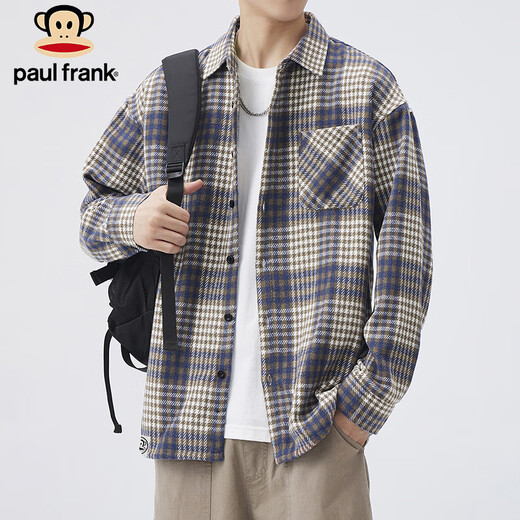 Paul Frank Langarmshirt Herren Frühling und Herbst Kariertes Hemd Herren Trendy Casual Top Jacke Herren Blau XL