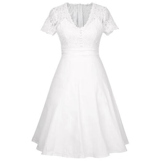 Beiyao dress high-end evening dress small people can usually wear loose European and American summer elegant lace splicing V-neck bridesmaid dress off-white S