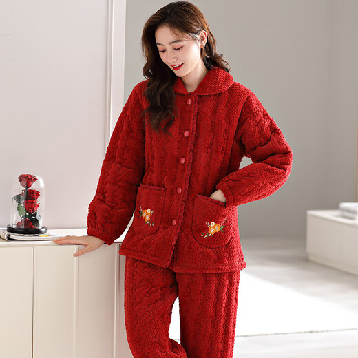 莫代尔睡衣女冬季三层加厚珊瑚绒夹棉袄秋冬大红色本命年家居服新款 9277 M 【建议80-100斤】 三层加厚