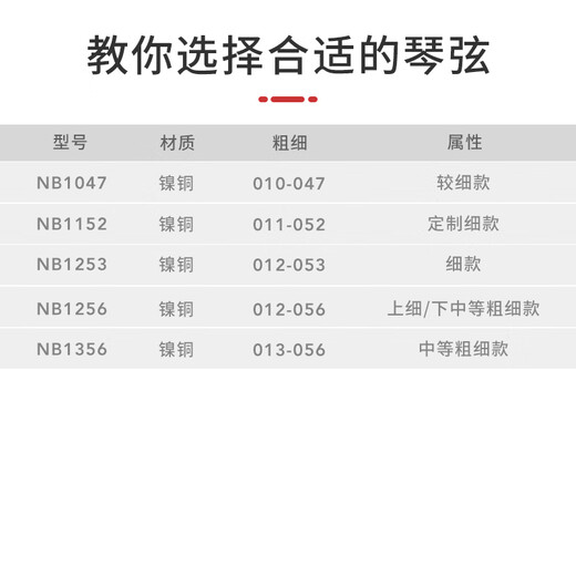 达达里奥（D'Addario）民谣木吉他弦一套6根NB1253碳素钢弦NB系列1152 1356 NB1047/010特细