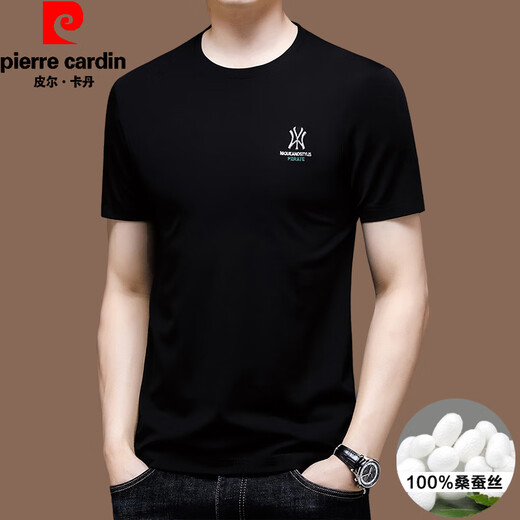 皮尔卡丹（pierre cardin）高端品牌夏季2025新款高端刺绣短袖上衣薄款圆领凉感冰丝t恤 黑色【蒂13062】 4XL 190【适合体重195-220斤】