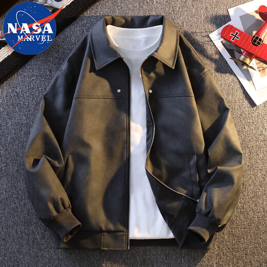 NASA MARVEL夹克春秋季男士新款皮衣外套宽松休闲百搭上衣 黑灰色 L 