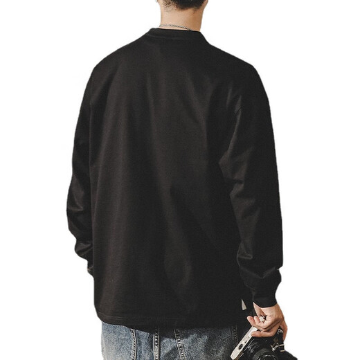 American retro heavy Henry shirt T-shirt for men's casual long-sleeved base shirt Ami Kaji work top men's clothing D502-Black Spring and Autumn Regular L Recommended 120-135Jin [Jin equals 0.5 kg]