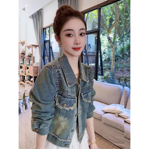 Girls 2025 Automne Nouveau design européen avec un bord brisé Pift Craft Diamond Backle Denim Jacket Retro Veste Retro Top Blue M