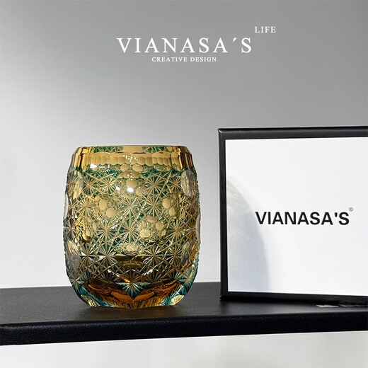 VIANASA S Edo Kiriko Seven Stars Blue Daisy Personalized Whiskey Wine Glass Handmade Colored Crystal Cup Amber Green Seven Stars (Gift Box) 280ml 1 piece