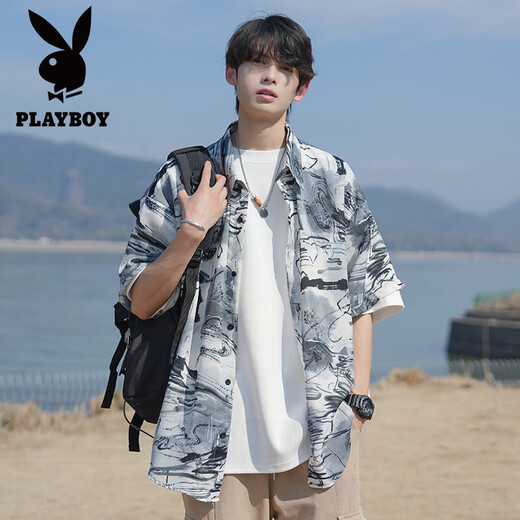 Playboy (Playboy) Trate de protection solaire à tir-dye à manches courtes pour hommes Spring and Summer Ice Silk Flower Smooth Flower pour hommes de grande taille de plage mince plage pour hommes CD5484-Black XL recommandé 125-145jin [Jin est égal à 0,5 kg]