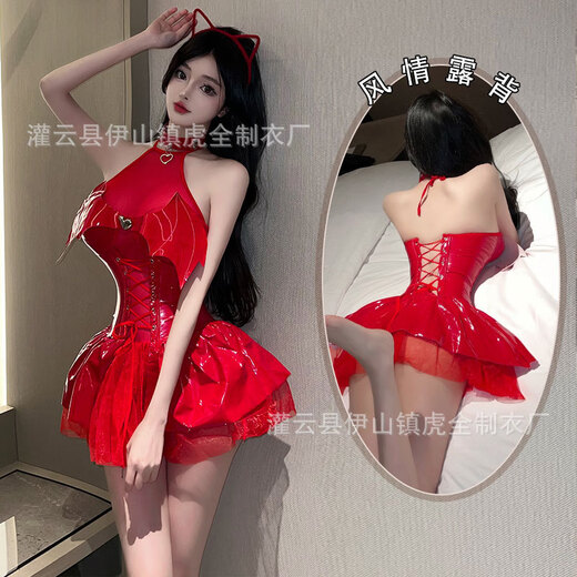 鲜橙亮面PU挂脖绑带蝙蝠小恶魔透视短裙套装PU挂脖绑带9889 黑 M