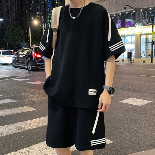 Boys Summer Short Sleeve Two-Piece Fat Boys 13-16 Years Old Loose Sports Set 14 Children's Clothes FKS653 Khaki Set 170 (XL) 125-150Jin [Jin equals 0.5 kg]