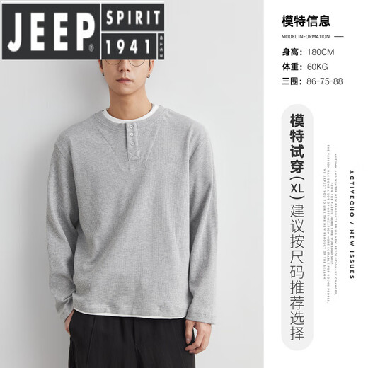 JEEP SPIRIT light luxury fake two-piece long-sleeved shirt for men in spring and autumn American fashion brand loose Henry collar bottoming shirt top floral gray S