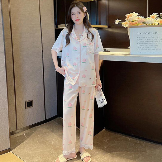Sondr Ice Silk Pajama для женщин в летних брюках с короткими рукавами в стиле знаменитости 2023 Новая весна и лето тонкая домашняя одежда FS-9905 Peach [короткие рукавы + брюки] M [Подходит для 75-95Jin [Jin Equals 0,5 кг]]]