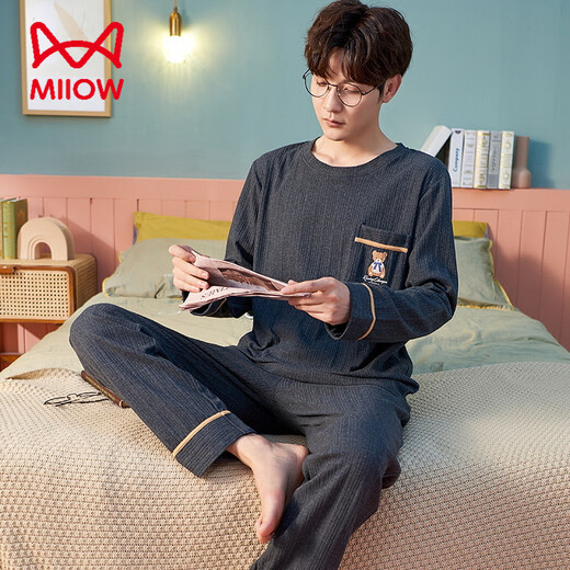 Catman Miiow Pyjamas Herren Frühling und Herbst reines Baumwoll-Langarm-Zwei-Teil-Set großer Größe Lose Teenager Herren-Baumwoll-Freizeitkleidung für Männer Langschlärm QM1584 XL [geeignet für 125-150jin [Jin gleich 0,5 kg]]