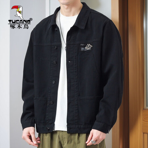 Woodpecker Jacket Men's Spring and Autumn 2025 New Shirt Lapel Autumn Men's Work Jacket Early Autumn Gown Top [Updated Version] K12806 Black M [Suggested 90-120Jin [Jin equals 0.5 kg]]