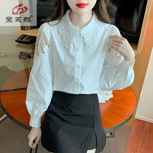 Camisa de algodón bordado Dafuxi para mujeres en 2025 Autumn New Fashion White White White White Camiseta suelta y versátil Cy9227 White M [sugerido 96-110Jin [Jin iguala 0.5 kg]]]