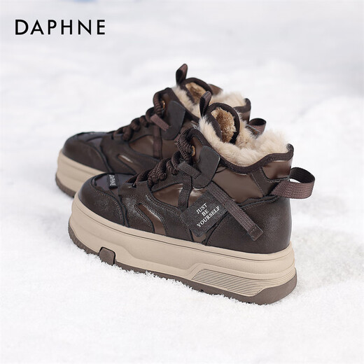 达芙妮雪地靴女鞋2025新款秋冬大棉鞋加绒加厚保暖厚底休闲运动老爹鞋女 咖色 【5.0CM】 37
