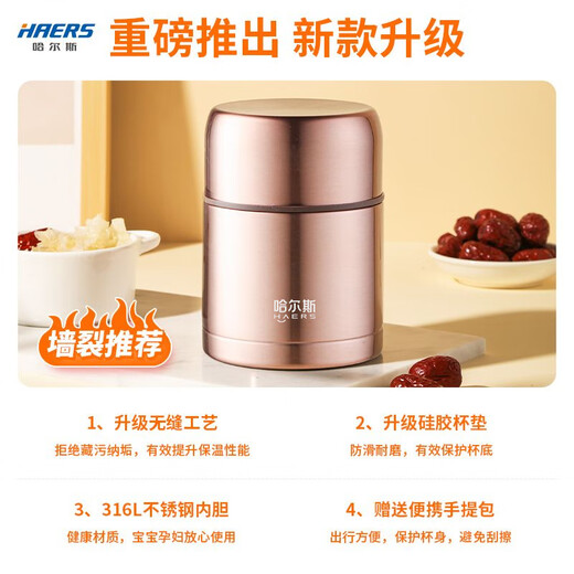 HAERS stew beaker 316 stainless steel 304 insulated lunch box porridge pot simmering kettle for male and female students with rice insulated bucket lunch box steel color-316 seamless liner + handbag 600ml
