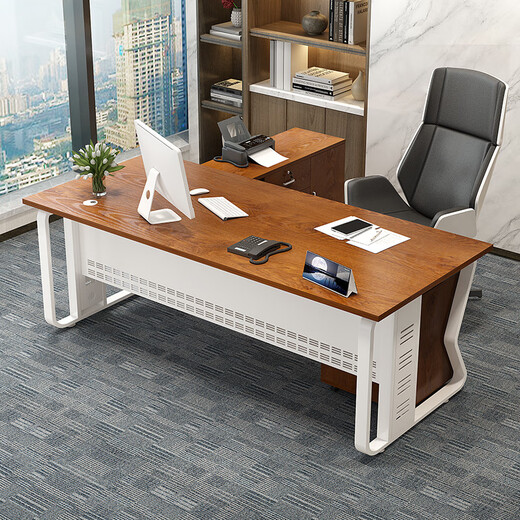 Fu Mei desk boss desk modern simple steel wood executive desk leader desk president manager desk computer desk and chair combination light walnut desktop + white shelf 120*60 single table thickened 25mm desktop
