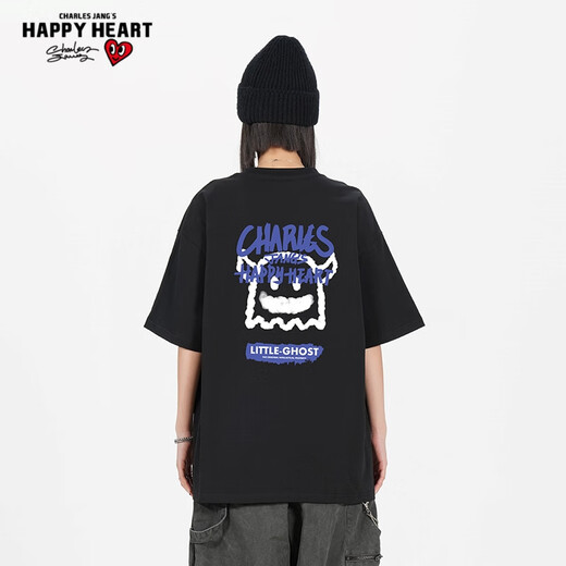 T-shirts Charles Peach Heart pour hommes et femmes, petit monstre imprimé en coton pur couple de bases de base à manches courtes, noir L