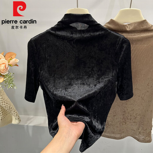 
Pierre cardin European products early autumn 2025 new gold velvet quarter-sleeved T-shirt for women's top temperament half-high collar inner base shirt trendy brown S