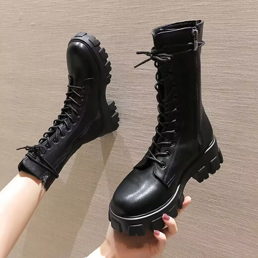 淇丝蔓35-43码 大码女鞋前系带中筒马丁靴女41新款韩版厚底粗跟机车靴42 米白色 38
