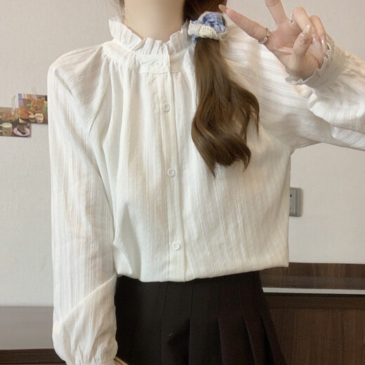 Hao'e French sweet white shirt for women with stand-up collar and earrings spring and autumn long-sleeved tops Japanese layered lace shirt as base stand-up collar and earrings white shirt M