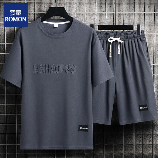 ROMON Lässiger Sportanzug für Herren, Sommer, trendiges Eisseiden-T-Shirt, dünne Shorts, große Größe, kurzärmelig, hübscher passender zweiteiliger Anzug – TZ829 graues Oberteil + Hose XL empfohlen 130–145 Jin Jin entspricht 0,5 kg