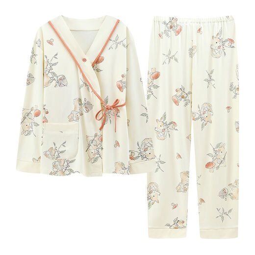 2025春秋月子服纯色孕妇睡衣棉质中式系带哺乳喂奶夏季薄款家居服 XXE829蘑菇兔 L码（建议85-115斤）